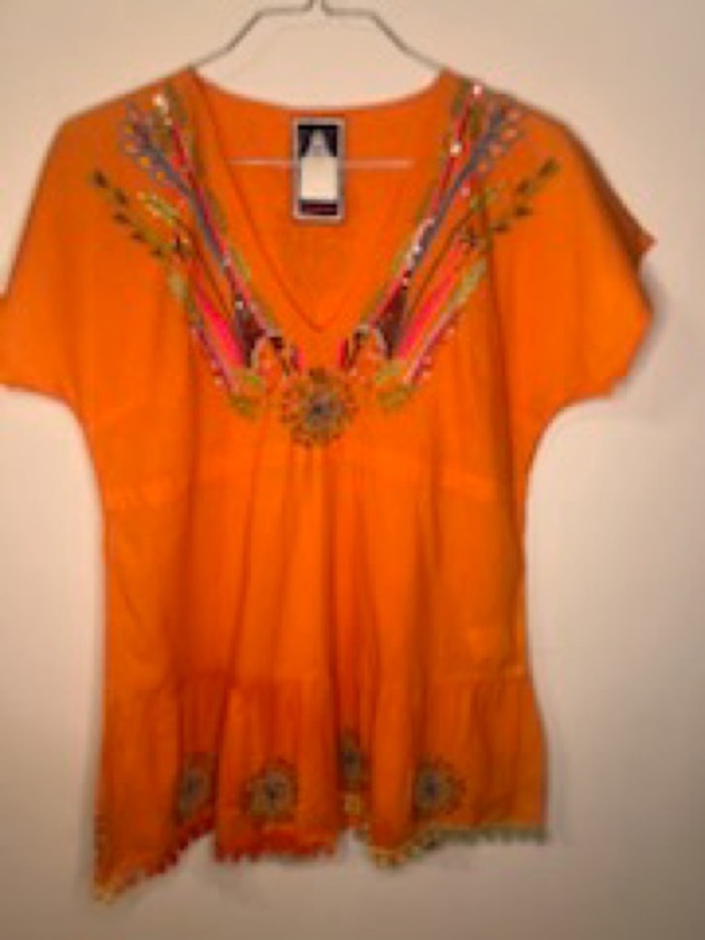 Embroidered Orange V-Neck Tunic Top
